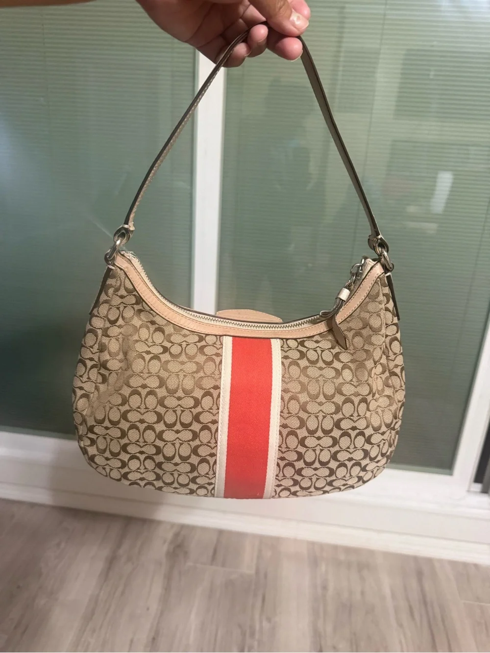 Coach Signature Monogram Shoulder Bag with Coral Stripe
